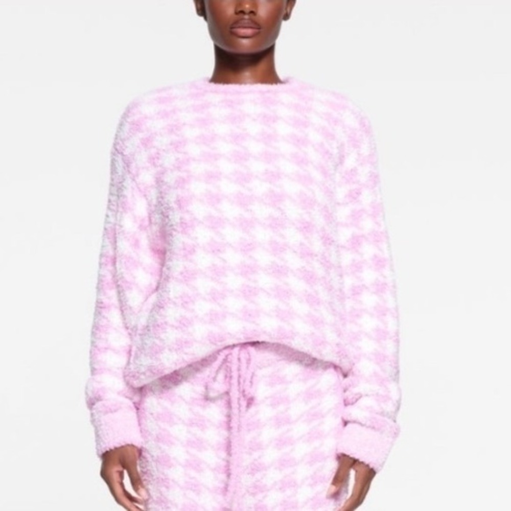 Skims L/XL Cozy Knit Pullover Petal Pink Houndstooth Oversized Lounge Valentine